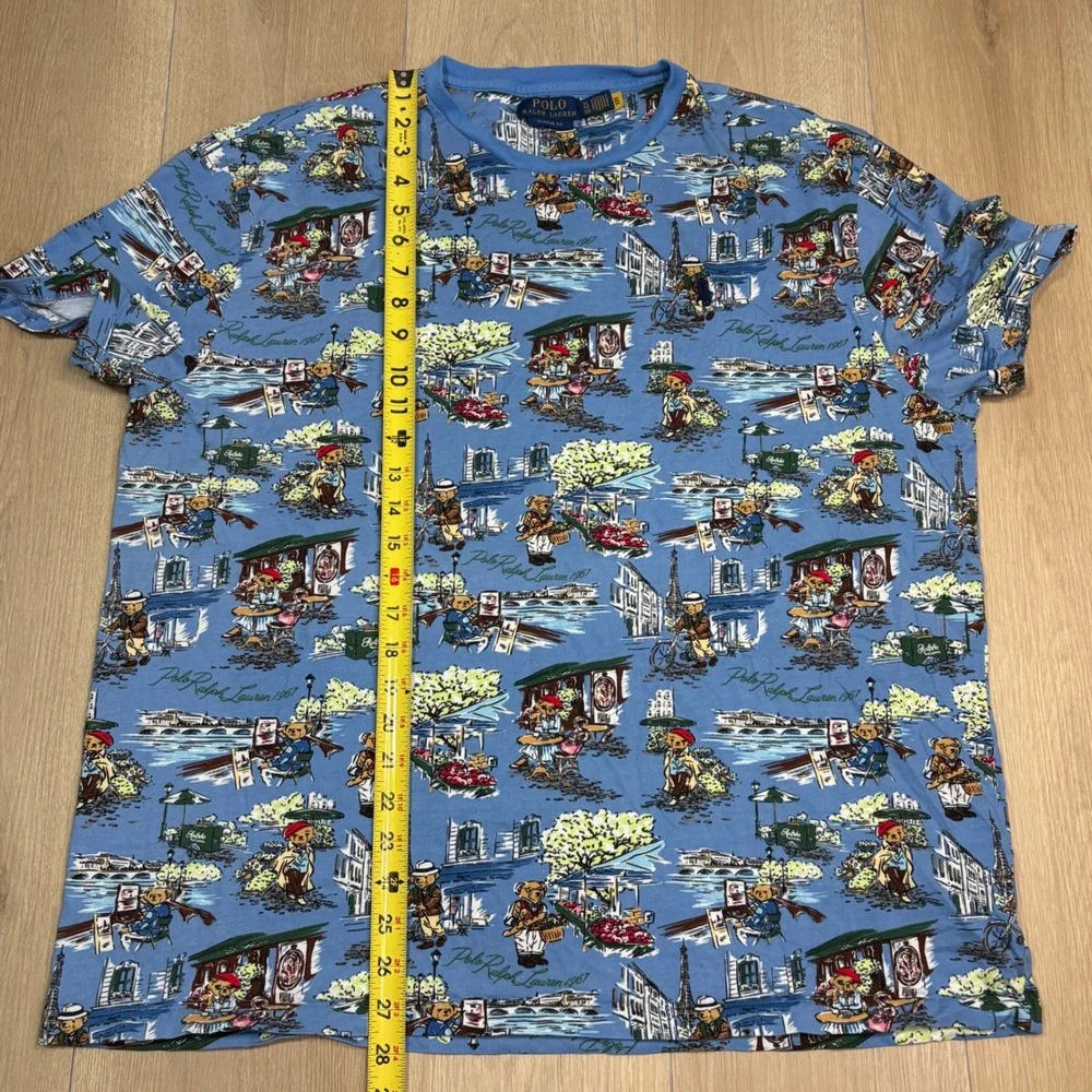 Polo Ralph Lauren Mens XL Paris Polo Bear All Over Print T-Shirt Blue Clasic